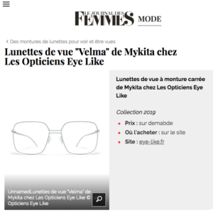 Parution de l'article "Lunettes de vue Velma de Mykita chez Les Opticiens Eye Like"