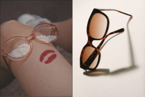 Amaury visuel une paire de lunettes sur une jambes fine et une paire de lunettes de soleilLunettes de marques