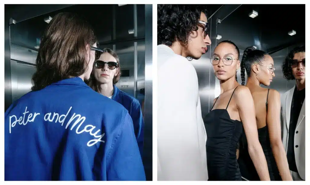 Lunettes de soleil Peter & May . A gauche, une jeune femme en survetement bleu dans une cabine d'ascenseur qui reflète ses lunettes, à droite, un couple en tenue de soirée noir et blanc dans une cabine d'ascenseur qui reflète leurs lunettes