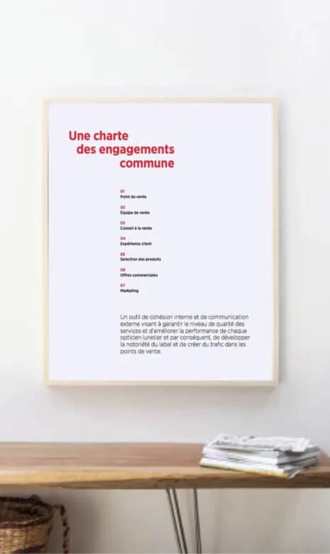 Photo du manifeste Eye Like de l'opticien lunetier indépendant, affiché fièrement sur le mur d'une boutique Eye Like, au dessus d'une table en bois